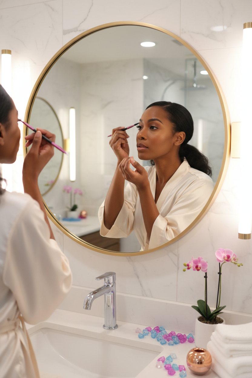 Woman applying makeup in front of a round mirror in a bathroom.